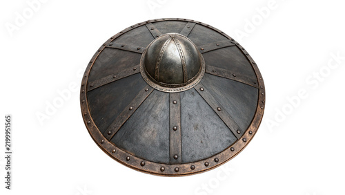 Картината върху платно Ancient round medieval metallic iron warrior shield icon isolated on transparent background