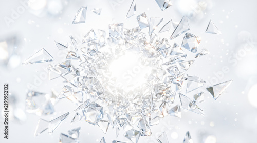 Shattered glass shards, exploding crystal pieces, flying diamond fragments, dynamic break impact, bright center flash, white background, motion freeze frame