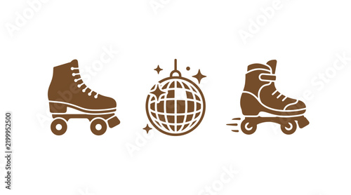 Collection of retro roller skating icons featuring skates and a disco ball activity skateboarding recreation entertainment elements lifestyle sportive movement celebration