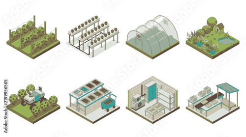 Konstfotografi Collection of isometric illustrations depicting various agricultural and horticultural setups, including greenhouses, hydroponics, and traditional farming