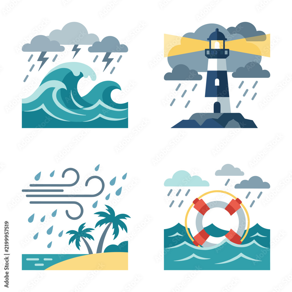 Fototapeta premium Vector illustration of a stormy sea in Lido Venice Italy featuring large crashing waves under dark dramatic clouds with a tempestuous atmosphere and rough water texture.