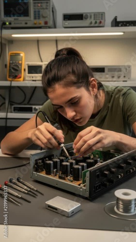 Young woman repairing electronic device using soldering iron in modern electronics workshop
