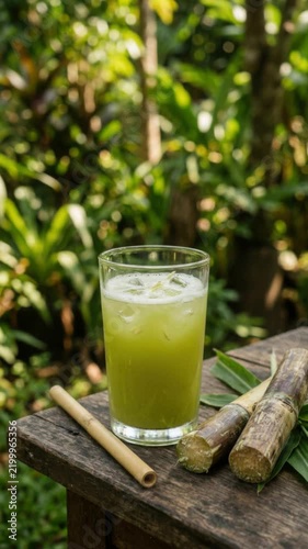 Fresh green sugarcane juice with ice served outdoors on a wooden table with natural background