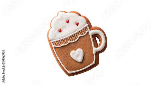 Cute mug shaped Christmas gingerbread cookie with coffee icing isolated on transparent background.