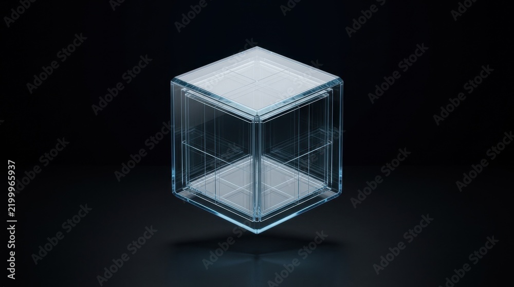 Fototapeta premium Translucent glass cube floating against a dark black background