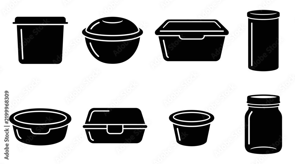 Obraz premium Six black and white food storage containers and jars arranged in a clean, organized layout for branding and packaging design