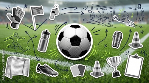 Football league match collage with soccer ball, goalkeeper glove, boot, trophy, whistle, training equipment and hand-drawn players on a realistic green pitch background