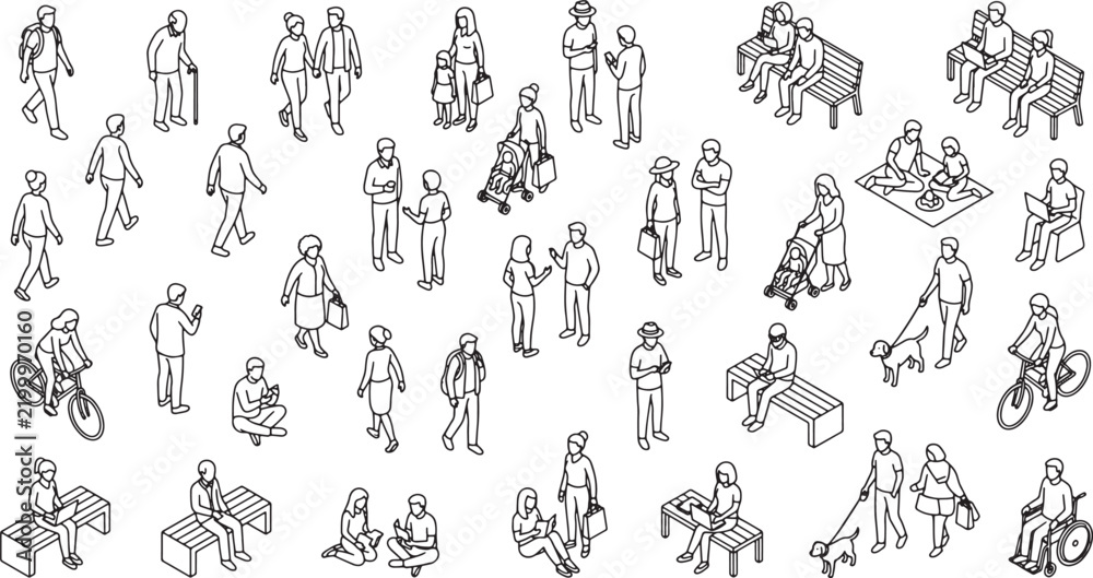 Obraz premium Diverse isometric line art people, daily urban activities vector set.