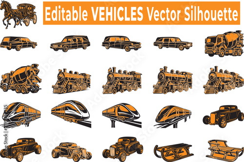 Collection of editable vehicle vector silhouettes including vintage cars, modern trains, horse carriages, and construction trucks for graphic design and transportation projects