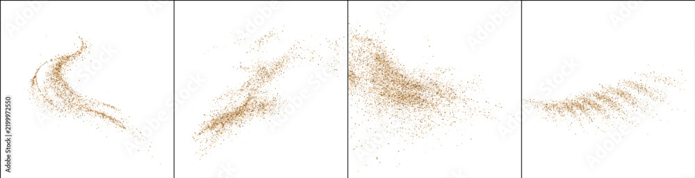 Obraz premium Set of four panels showing gold glitter dust swirling in motion. Abstract dynamic particle dispersion texture isolated on white background. Luxury design element with copy space