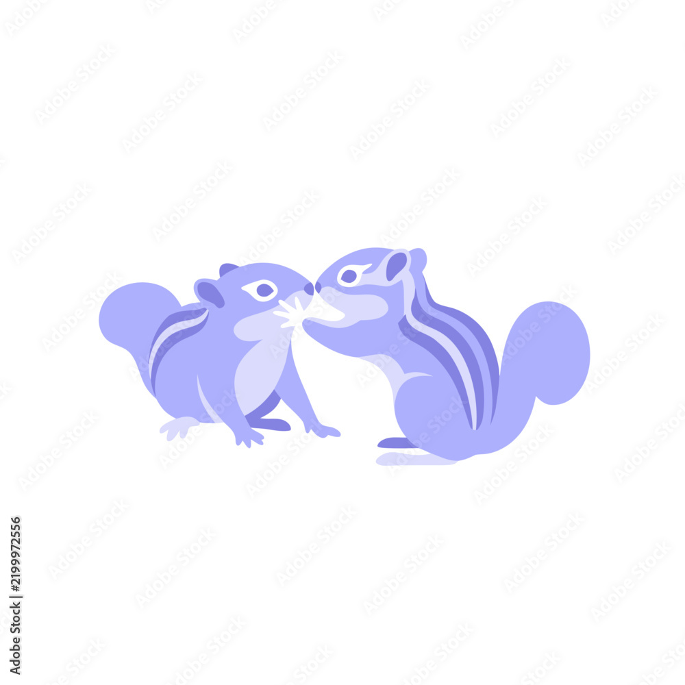Fototapeta premium Two playing chipmunks in light purple flat style for wildlife graphics