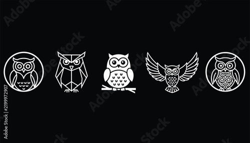 Collection of five creative white owl icons in various artistic styles, from geometric to cartoon, isolated on a black background.