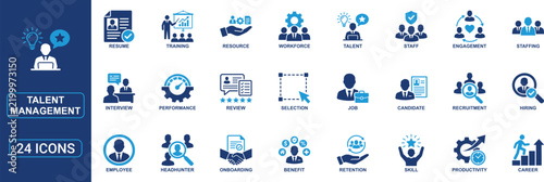 Talent management solid icon set featuring recruitment, hiring, employee retention, career growth, training, skills, workforce, performance review, onboarding and corporate staffing concepts