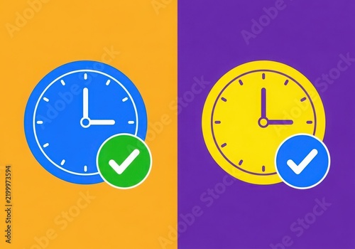 Two clock icons with check marks on orange and purple backgrounds