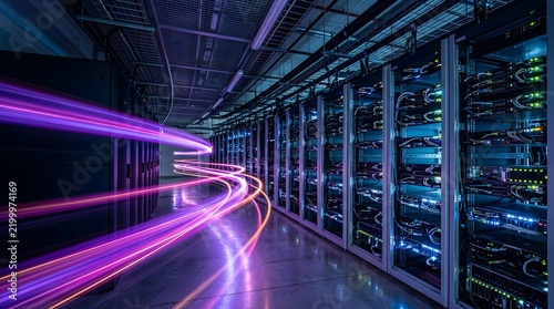 Server cabinets in a tech data center with curving purple light trails symbolizing high speed network data traffic