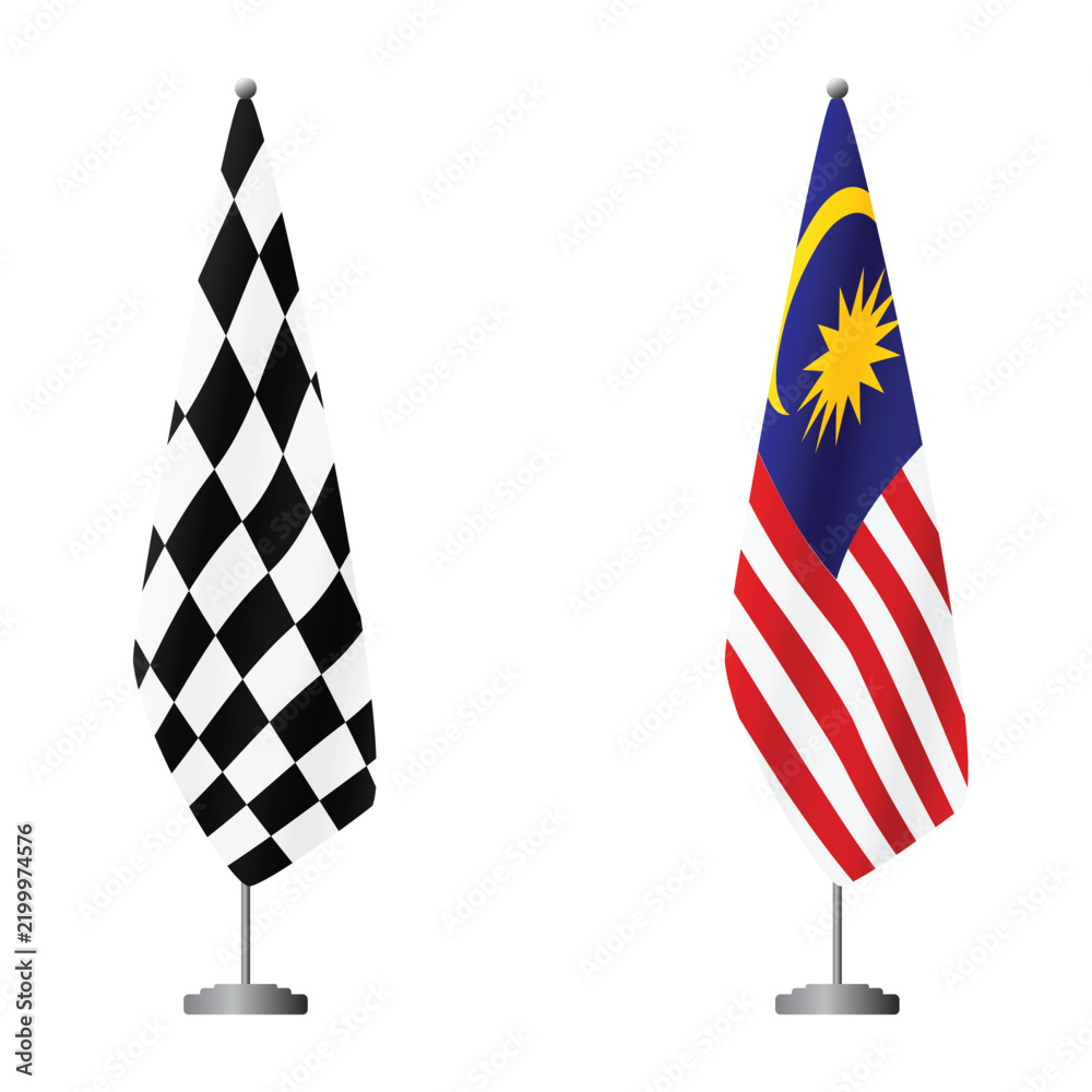 Obraz premium Checkered and Malaysia flags on flagpoles for official ceremonies and meetings, transparent background vector