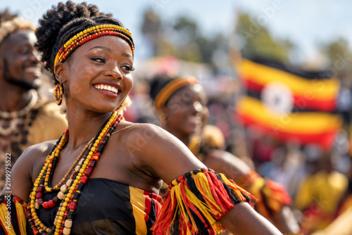 Dance ceremony in Uganda featuring local woman and man, locale clothing, and flag outdoors