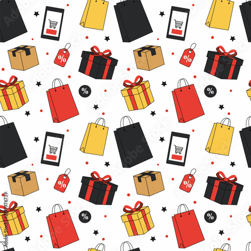 Seamless shopping pattern with colorful shopping bags, gift boxes, delivery packages, smartphone and discount tags on white background. Flat vector design for retail and sale projects.
