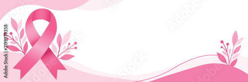 Breast Cancer Awareness Month Banner with Pink Ribbon and Floral Elements