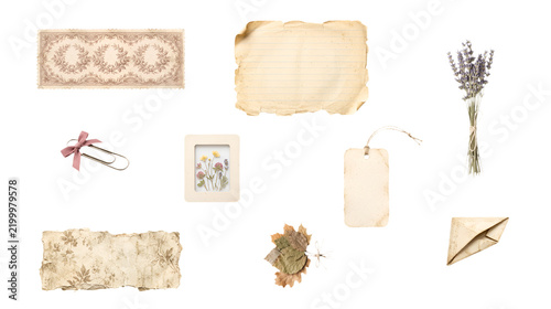 Collection of vintage journal elements including aged paper scraps and dried lavender isolated on transparent background. A set of rustic stationery elements for scrapbooking, journaling, and creative