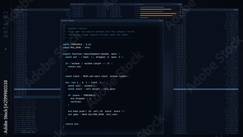 Blue developer terminal HUD UI with code editor and data graphs, programming screen with file lists and system logs, futuristic cyber tech interface