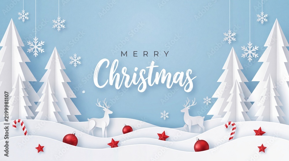 Fototapeta premium Merry Christmas paper cutout illustration featuring snowflakes, reindeer, red ornaments, and white trees on a blue background