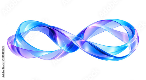 Continuous 3D glass infinity loop knot: glossy blue and violet gradient lemniscate symbol isolated on transparent background with alpha channel. Modern 3D design clipart asset with clipping path.