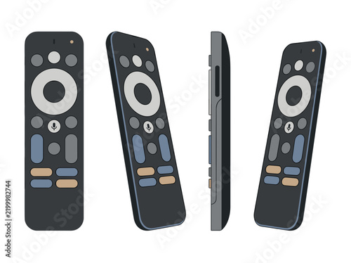 Modern digital television remote control vector illustration set displayed in different perspectives with dark sleek buttons on grey housing surface