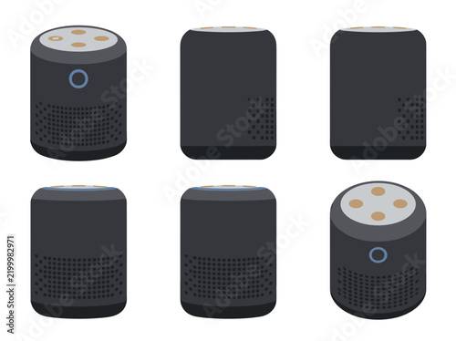 Modern smart speaker vector illustration showcasing various angles of a sleek black cylindrical electronic device for home automation system integration