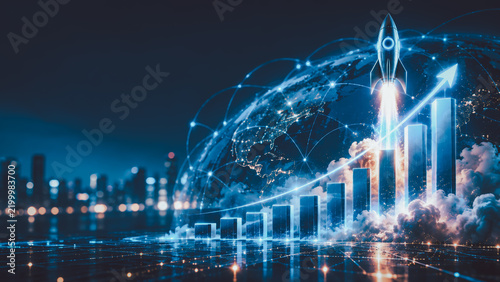 Futuristic rocket launches beside a rising business chart and global digital network, symbolizing startup growth, innovation, investment, acceleration, strategy, technology, and financial success.