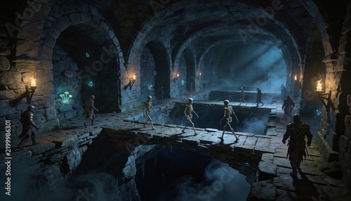 dark medieval dungeon interior with skeletons walking stone bridge atmospheric ancient underground crypt glowing magic mushrooms torches fog warrior fantasy concept art background 3d rendering