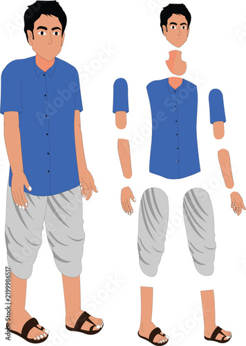 Young Indian man character with separated head torso arms hands legs and feet for modular vector character design