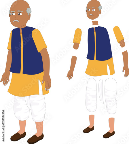 Indian elderly man character with separately isolated head torso arms hands legs and feet vector . Isolated elderly Indian man body parts and clothing elements arranged separately