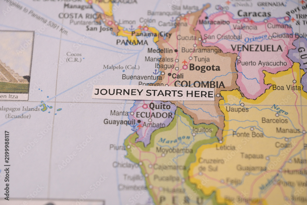 Obraz premium Journey starts here concept tag positioned over Quito and Ecuador on a South American map