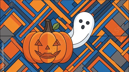 Animated pumpkin jackolantern and cartoon ghost moving on geometric background