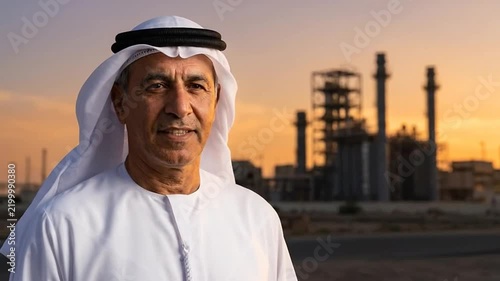 Arab man in white traditional dress looking at industrial plant sunset