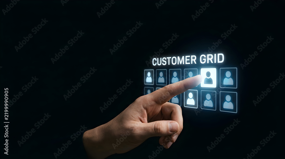 Obraz premium Human finger interacting with digital customer grid interface on dark background
