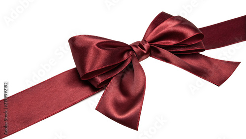 Beautiful dark red satin fabric ribbon bow on transparent background