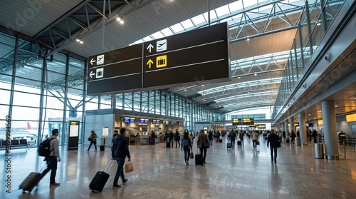 Modern airport terminal interior with passengers and signage