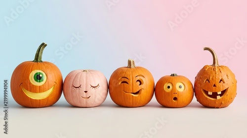 Row of Carved Jack O Lanterns with Funny Expressions for Halloween