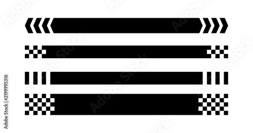 Race flag lines set. Black and white checker finish ribbon. Pixel rectangle header. Car race check grid game pattern stripe. Rally border texture. Vector illustration isolated on white background.