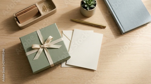 Sage Green Gift Box with Blank Greeting Card on Wooden Desk Top View