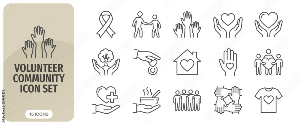 Fototapeta premium Volunteer community icon set, thin line style, charity and social care symbols for web and mobile apps, vector illustration