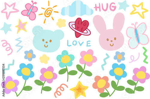 Pastel illustration of teddy bear, pink bunny, flowers, butterfly, sun heart, cloud, stars for cute animals, zoo, pet shop, vet, spring, summer, cartoon, character, comic, mascot, nature, garden, icon