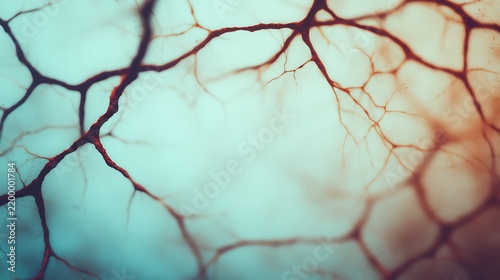 Close-up image of an intricate network of red and black veins or branches against a soft blue background.