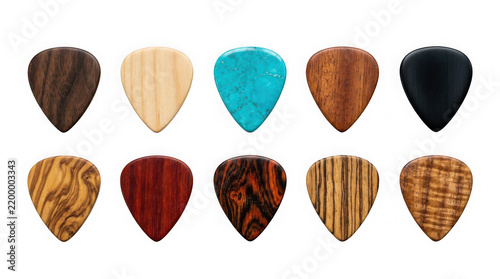 Collection of various wooden and stone guitar picks isolated on transparent background