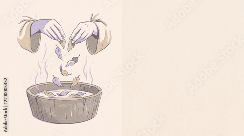 Hands dropping leaves into rustic bowl with liquid and steam