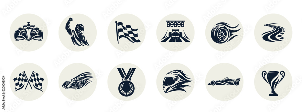 Obraz premium Formula one racing symbols collection featuring cars drivers flags helmets wheels tracks and trophies