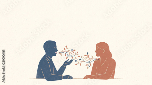 Two people communicating with growing ideas and connection symbol