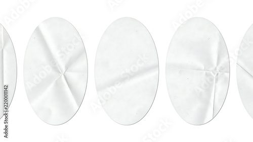 Set of white oval stickers with wrinkled texture and creased paper surface isolated on a clean white background for design mockups